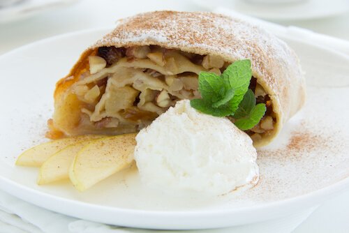 Apfelstrudel with ice-cream and vanilla sauce