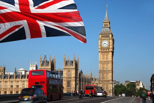 UK flag with big ben and red bus